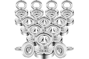 MIN CI Lot de 16 crochets magnétiques extra puissants en néodyme de 16 mm - Forte force de traction de 12 kg - Aimant rond avec œillet - Pour garage, barbecue, plafond, pot