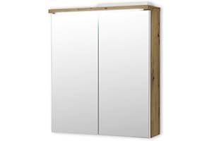 ‎STELLA TRADING Stella Trading Spiegelschrank Bad mit LED-Beleuchtung in Artisan Eiche Optik, Weiß - Moderner Badezimmerspiegel Schrank mit viel Stauraum - 60 x 68 x 20 cm (B/H/T)