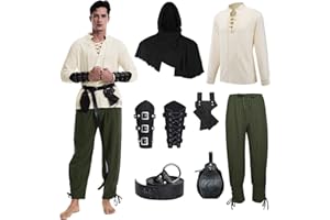 MVFEUIJ Costume médiéval de la Renaissance pour homme, costume de Viking, chemise à lacets, pantalon avec accessoires, costume d'Halloween pour cosplay, mascarade, magicien