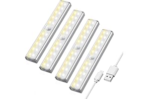 Maxuni Motion Sensor Under Cupboard Lights, 20LED 3 Color Mode USB Rechargeable Battery Under Cabinet Light, Easy to Stick-on Wardrobe Closet Cabinet Stairs with 3M Sticker 4 Pack