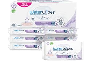 WaterWipes Sensitive+ Soothing Wipes, 360 Count (6 Packs), 3-In-1 Cleans, Cares, Soothes, 99% Water with Botanical Extract, Unscented Baby Wipes