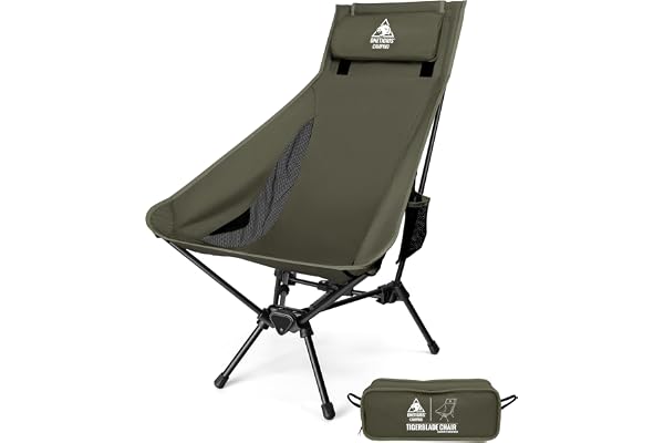 OneTigris TIGERBLADE Campingstol med hög rygg, vikbar 170 kg, fällstol, camping, lätt, trekantig ram, fiskstol, vikbar med 2 sidofickor, ultralätt för utomhusbruk, vandring (ranger
