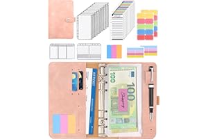 JEJA Planer budżetowy, 6 otworów, notatnik pierścieniowy, planer budżetowy, skóra PU, notatnik A6, notatnik z 12 kopertami na pieniądze (różowy)