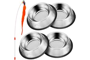 MOICAINY 4 Pcs Stainless Steel Cat Bowl + 1 Pcs Cat Toy,Cat Food Bowl With Non Slip Rubber Base,Metal Cat Bowls,Pet Bowl,Pet Bowls for Cats,Dog Bowl