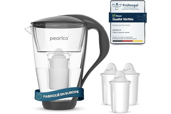 PearlCo - Carafe avec filtre à eau en verre - anthracite - 3 cartouches Universal classic incluse (compatible avec Brita Classic)
