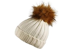 Itzu Girls Ribbed Beanie Hat Chunky Detachable Faux Fur Bobble Pom Turn Up Youth Kids Many Colours!