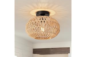 FORCOSO Rattan Ceiling Light, Boho Lamp Light Shade Rattan Lampshade, E27 Vintage Chandelier Light Fitting, Rustic Ceiling Lamp Fixtures for Living Room Bedroom Dining Room Kitchen Hallway