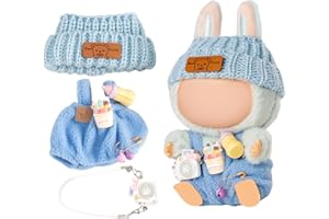 Chritice 3 Stück Puppenkleidungs Set für Puppe,Kompatibel mit Labubu,Hellblau Hose,Hut & Kamera Puppenzubehör Vinyl Plüschtier Niedlich Outfit Accessoires für Puppen