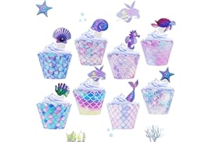 SKIWAX 64 Pièces Emballages de Cupcakes Sirène Décoration de Muffins à Thème Océan Mignons Emballages de Cupcakes pour Fête d'Anniversaire, Baby Shower, Gâteau de Mariage Décoration de Dessert