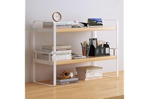 DOTOGO Wood Office Desk Shelf Organizer - Desktop Supplies Cute Dresser Top Organization Storage Rack and Cubicle Decor Aesthetic Bookshelf for Women Man and Kids