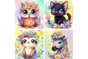 FLAJZ Diamond Painting Kinder, 4 Pack Süß Tiere Diamond Painting, Diamant Painting Bilder für Kinder ab 6 7 8 9 10 11 12 Jahre, DIY Mosaik Bastelset Weihnachtsgeschenke, 15x15cm