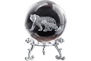 ZEERSHEE 60 mm 3D-Tiger-Kristallkugel mit Ständer, Glas, lasergraviert, Tigerkugel, dekorative Glaskugel, Briefbeschwerer für Zuhause, Büro, Glastiger, Sammlerstücke, Figuren