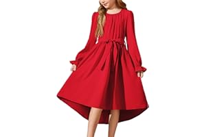 Arshiner Robe Fille Mousseline de Soie à Manches Longues Robe Trapèze Haute Basse Robe de Soirée Enfant Midi Automne Hiver Robe de Fête Mariage Robe avec Ceinture Et Poche 5-12 Ans