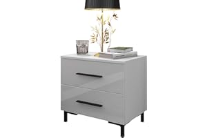 ‎LUKMEBEL lukmebel Nachttisch LINA II mit Füßen 55x52x37 cm- LED Beleuchtung - Nachtkästchen - Weiß Hochglanz - Griffe - Nachtschrank - Beistelltisch mit Schublade - Schlafzimmerschrank