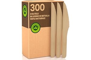 BACIATO CAFFÈ 300 Coltelli Ecologici in Legno di Betulla Monouso 100% Naturali Biodegradabili e Compostabili 300 Posate Usa e Getta