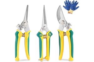 UOUNE Garden Secateurs, 3 Pack Ergonomic Gardening Scissors Set - Pruning Shears with Stainless Steel Blade, Locking Mechanism and Garden Gloves for Branches, Flowers, Rose, Fruit, Plants, Bonsai