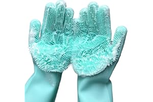 KOKSI Dishwashing Cleaning Sponge Gloves Reusable Silicone Brush Scrubber Gloves Heat Resistant for Dishwashing Kitchen Bathroom Cleaning Pet Hair Care Car Washing