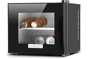 KLARSTEIN Frosty Nevera Mini - Frigorífico de bebidas, 10 litros, 65W, Puerta de cristal, Doble aislamiento, Baja contaminación acústica, Diseño compacto, Estantes extraíbles, Clase B, Negro
