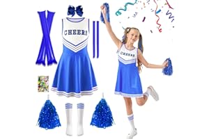 HILKKET Cheerleader Kostüm Kinder, Cheerleading Uniform Kleid, Cheerleadering Outfit Mädchen mit Pompoms, Socken und Kopfschmuck, Schulkind Cheer Kostüm Outfit für Karneval Party