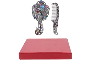 FRCOLOR Black Antique Peacock Mirror and Comb Set Vintage Metal Embossed Handheld Mirror Peacock Makeup Mirror Decorative Cosmetic Mirror Travel Handle Mirror