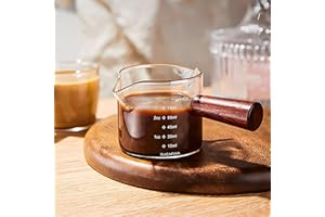 SYXLS Podwójna Wylewka Miarka z Drewnianym Uchwytem, Miarka do Espresso, Szklane Kubki do Kawy z Funkcją Pomiaru, Skalą Odporną na Temperaturę Szklaną Miarką z Uchwytem do Nalewania