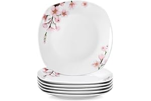 VEWEET 'Annie' Dinner Plates Set of 6, 9.8 Inch Ceramic Plates, Square Plate Set, Porcelain Salad Plates, Microwave and Dishwasher Safe