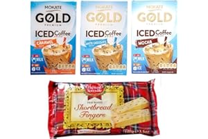 KINGDOM SUPPLIES Mokate Gold Premium Iced Coffee Drink 3 x 8 Sachets - Caramel, White Chocolate and Mocha Flavour and 1 x 100g Packet of Shortbread fingers