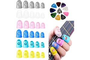 SAMHENG Protège-doigts de guitare en silicone avec médiators, 30 protection antidérapants pour le bout des doigts, 20 médiators de guitare colorés mélangés, 5 tailles protège-doigts pour instrument