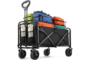 PUROVA Carrello Pieghevole 120L (120kg di Carico), Carrello Spiaggia con Ruote Grandi 12cm & 360° - 2 Portabevande, Portatutto per Campeggio, Spiaggia & Shopping (Nero)