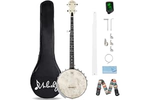 Mulucky Banjo a 5 corde, formato standard con 24 staffe, schiena aperta, banjo in acero con testa Remo, 5° accordatore con ingranaggio, confezione regalo con kit per principianti - B1102