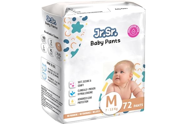 Jr. Sr. Baby Diaper Pants Medium (M) Size (7-12 kg), 72 Count Pack of 1 Upto 12 hr Absorption with Advanced Leak Protection Safe For Babies Skin Soft, Secure & Comfy