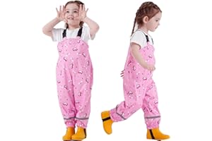 Fewlby Waterproof Trousers Kids Rain Trousers, Boys Girls Rain Dungarees Wind and Waterproof Mud Bib Overalls Toddler Cartoon Rainwear for Outdoor Play