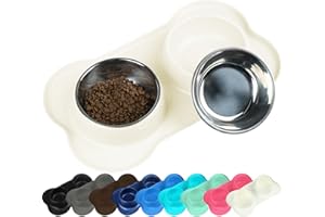VIVAGLORY Dog Bowl Food Bowl Feed Water Bowl Stainless Steel Double Bowl with No Mess Non-Slip Silicone Tray Mat, off-white