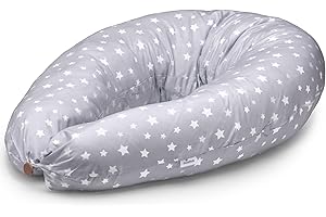 Niimo XXL 2-in-1 Schwangerschaftskissen & Stillkissen - 100% Baumwollbezug mit Faserfüllung, 100% Waschbar, Ergonomisch & Multifunktional, Grau mit weißen Sternen (200 x 70 cm)