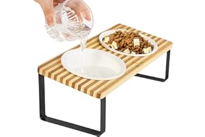 GUUSII HOME Ceramiczne podwyższone miski dla kotów, podwyższone miski dla szczeniąt na jedzenie i wodę pochylony stojak z drewn szeroka podwójna miska ortopedyczna przeciw wymiotom (żółto-brązowa)