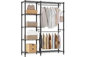 Himimi Perchero Abierto con 5 Estantes Perchero Robusto con 2 Barras para Colgar Ajustables Organizador de Ropa con Ganchos para Dormitorio Pasillo Sala de Estar 114 * 44 * 195cm, Negro