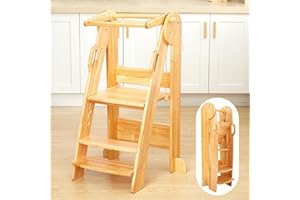 FUNLIO Torre de Aprendizaje Plegable, Torre Montessori con Rieles de Seguridad para Niños de 2 a 6 Años, Torre Aprendizaje Ajustable en Altura de 3 Niveles, Fácil de Montar, Aprobado por CE - Natural