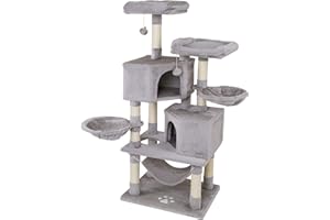 lionto Kratzbaum für Katzen mit Hängematte & 2 Liegemulden, Höhe 145 cm, Katzenbaum mit Plüschbällen inkl. Glöckchen, gemütliche Liegeflächen & Höhlen, für kleine & große Katzen geeignet, hellgrau