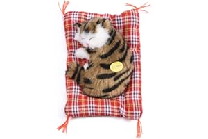Zerodis Simulation Sleeping Cat Toy with Soft Mat Bed Durable Vocalize Meow Kitten Stuffed Plush Toys Doll Home Decoration(Black + Brown)