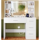 TEENFON Makeup Dressing Table, Makeup Table with Lights and Mirror, Makeup Table with 4 Open Shelves, White, Dressing Table w