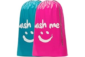 CJWLKJ 2-Pack XL Travel Laundry Bags, Machine Washable Dirty Clothes Organizer, Large Enough to Hold 4 Loads of Laundry, Easy Fit a Laundry Hamper or Basket (Pink+Blue, 24" x 36")