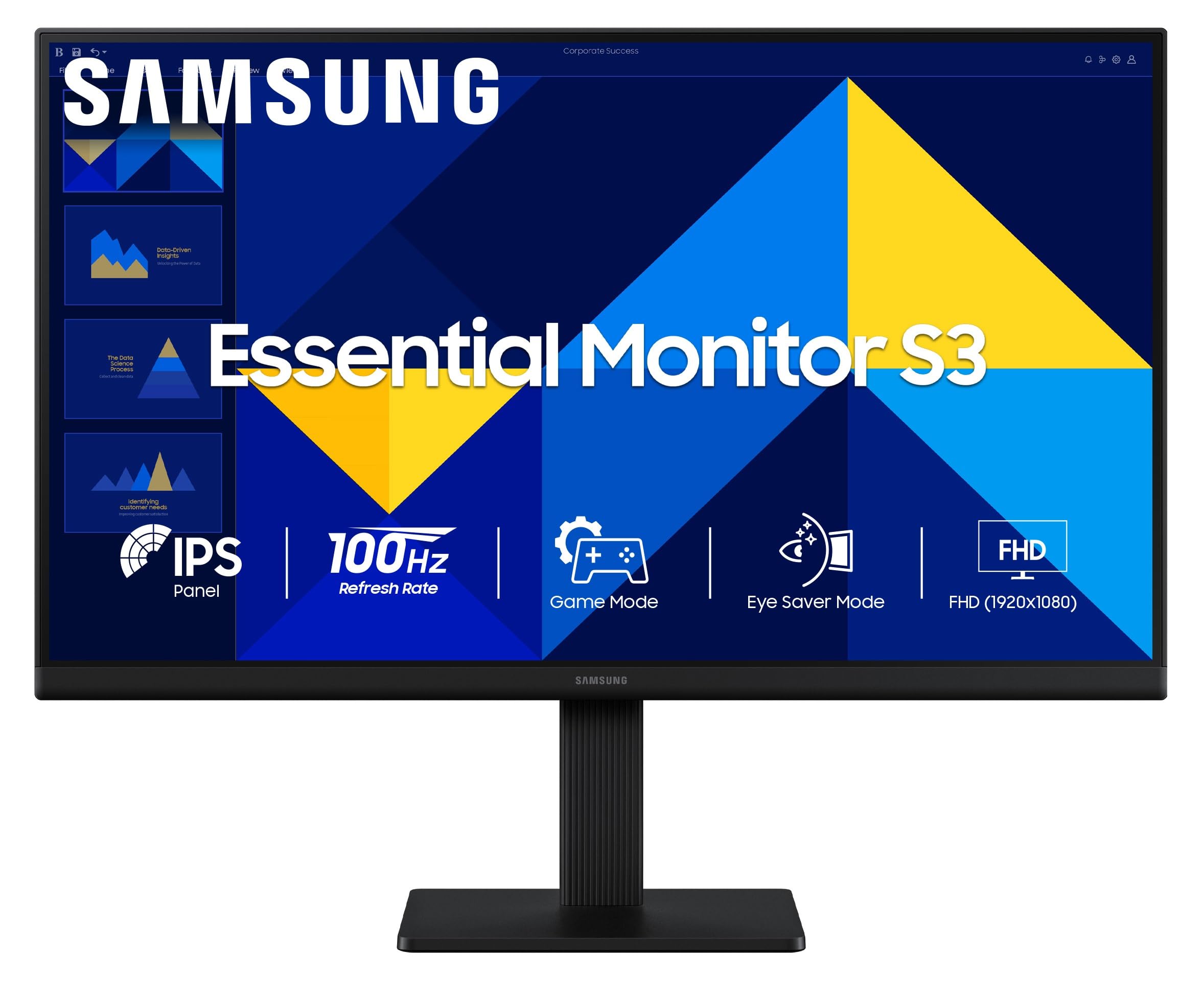Samsung Essential Series S3 Flat Monitor 22 Inch (54.6 cm) FHD (1,920 x 1,080 Resolution), 100 Hz, IPS Panel, 5ms(GTG), D-Sub, HDMI (LS22D300GAWXXL, Black)