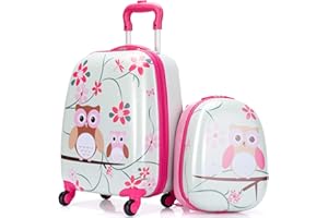 COSTWAY Valise Enfants à roulettes 16’’ & Sac à Dos 12’’ avec Poignée Télescopique, Bagage Enfants avec Motif Hibou, 4 Roues Rotatives, Lot de 2 Valise pour Fille Garçon