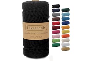 Likeecords Macrame String, 2 mm x 201 Metres, Coloured Macrame Rope, Cotton Rope, Macrame Yarn, Colourful Cotton Craft Cord for Hanging, Plant Hangers, Crafts, Knitting (Black)