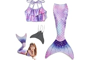 AM ANNA Girls Mermaid Costume Set with Monofin & Flippers | Ages 3-15 Years, 3-Piece Swimsuit Set, Detachable Tail, Pool & Beach Use, Quick-Dry Fabric