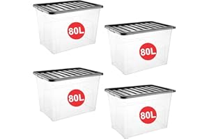RelianceUK 4 X 80L Large Plastic Storage Box with Black Lid - Strong Stackable Storage Boxes 80 Litres - Home, Office, Kitchen, Nestable Storage Containers | Made in UK (80 Litre / 4 Pack)
