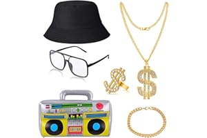 JIAJIAYI Kit di Costumi Hip Hop Set Accessori,Set Accessori Rapper Costume Hip Hop Collana Dollaro e Anello da Sole Hip Hop Gonfiabile Boom Box Anni '80 '90 Accessori per Rapper Festa Carnevale