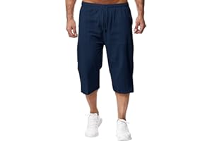 Remxi Short 3/4 en Lin pour Homme - Coupe Ample - Pantalon Cargo d'été décontracté