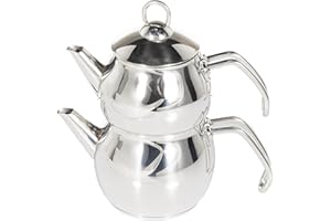 Karaca Adelya Mini Théière en métal, Théière 0,65 Lt + Couvercle de théière Buveur 1,1 Lt Théière turque, Acier inoxydable, Adapté à l'induction, Adapté au lave-vaisselle, Teapot, Caydanlik