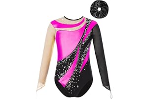 Alvivi Maillot Competición de Gimnasia Rítmica con Diadema para Niñas Maillot Brillante de Baile Manga Larga Disfraz Bailarina Ballet 5-16 Años